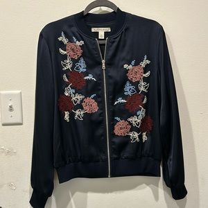 Blue satin bomber jacket with embroidered flowers. Size medium